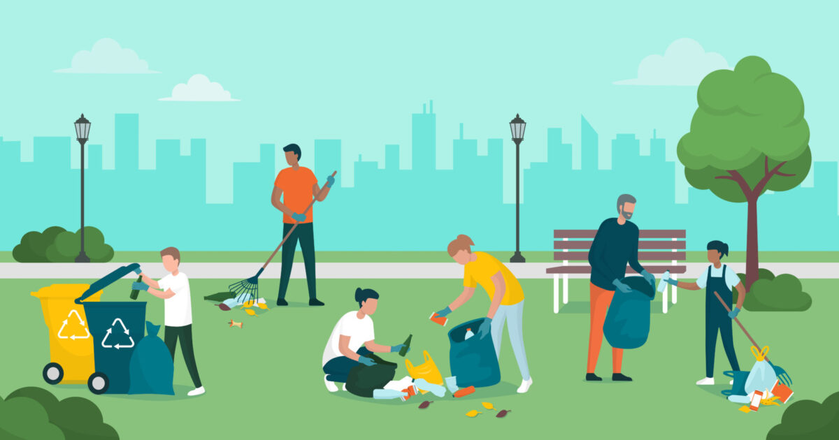 Image d'illustration qui représentent des personnes en train de ramasser des déchets dans un parc
