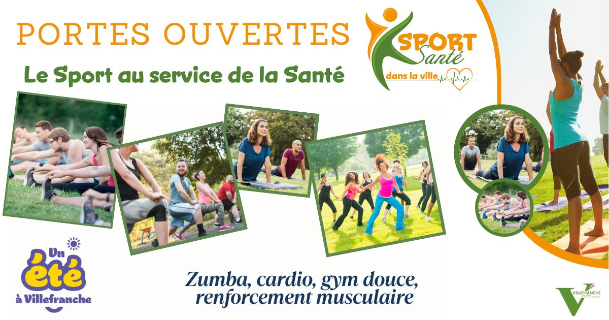 Affiche. Texte : Portes ouvertes, le sport au service de la santé Zumba, cardio, gym douce, renforcement musculaire