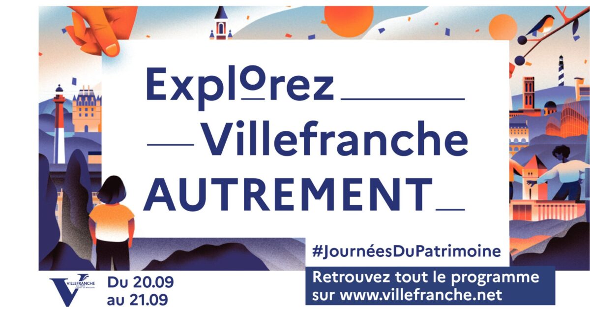 Affiche Journées Européennes du Patrimoine. Texte : Explorez Villefranche Autrement #Journéesdupatrimoine Du 20 septembre au 21 septembre Retrouvez tout le programme sur test-wikit-bot.dev.inovawork.net