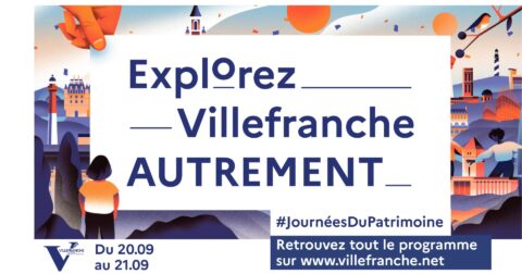 Affiche Journées Européennes du Patrimoine. Texte : Explorez Villefranche Autrement #Journéesdupatrimoine Du 20 septembre au 21 septembre Retrouvez tout le programme sur test-wikit-bot.dev.inovawork.net