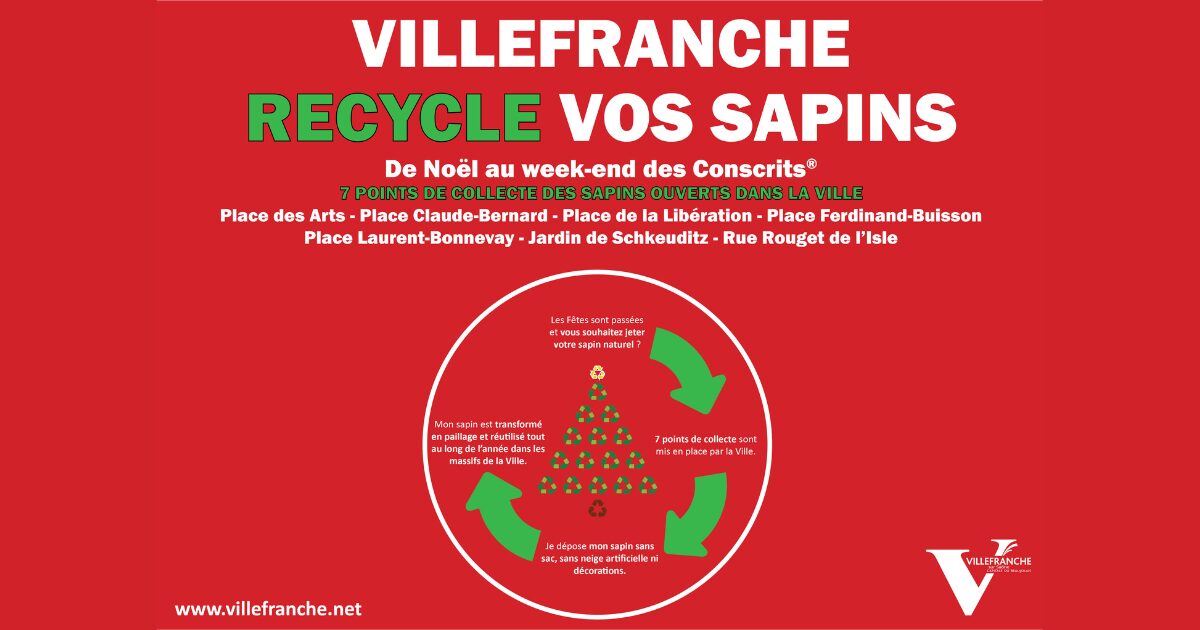 Affiche pour l'Opération Récup'Sapins Texte : Villefranche recycle vos sapins De Noël au week-end des Conscrits 7 points de collecte des sapins ouverts dans la ville Place des Arts- Place Claude-Bernard - Place de la Libération - Place Ferdinand-Buisson - Place Laurent-Bonnevay - Jardin de Schkeuditz - Rue Rouget de l'Isle test-wikit-bot.dev.inovawork.net Illustration avec un sapin au centre entouré de textes et de flèche. Texte : les fêtes sont passées et vous souhaitez jeter votre sapin nature ? 7 points de collecte sont mis en place par la Ville. Je dépose mon sapin sans sac, sans neige artificielle ni décorations. Mon sapin est transformé en paillage et réutilisé tous au long de l'année dans les massifs de la Ville.