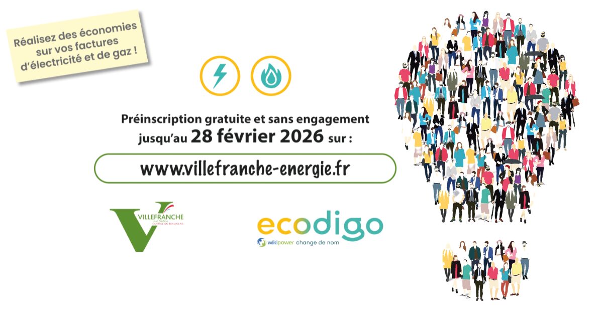 Affiche indiquant que les préinscriptions gratuites et sans engagement jusqu'au 28 février 2026 sont ouvertes du www.villefranche-energie.fr