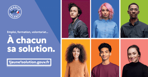 Affiche. Texte : A chacun sa solution. Plan 1 jeune 1 solution